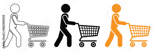 People pushing shopping carts in various colors and styles,Grocery Shopping Cart Icons Black and White Color Vector Design Illustration,Silhouette of people out shopping with supermarket cart. 