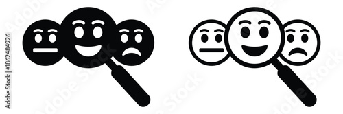 Magnified smiley faces under scrutiny with mixed emotions,Searching Magnifying Glass Icon Design 