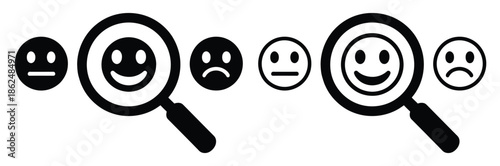 Magnified smiley faces under scrutiny with mixed emotions,Searching Magnifying Glass Icon Design 