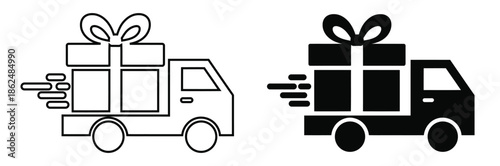 Fast delivery trucks carrying gifts in motion,Fast shipping delivery truck icon set, Delivery-truck symbol isolated, Fast delivery icon, Home delivery sign, Free delivery icon, courier icon,