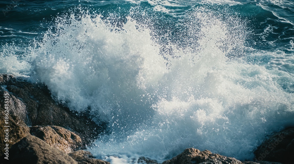 Obraz premium A powerful ocean wave crashes against rugged coastal rocks, creating a dynamic display of water and foam in a beautiful natural environment, showcasing the raw power of the sea