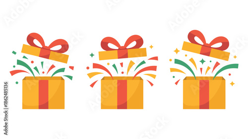 Three Flat Design Gift Boxes with Confetti and Ribbons, Featuring Celebration, Birthday, and Holiday Surprise Elements