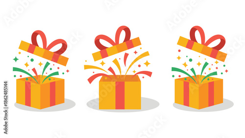 Three Flat Design Gift Boxes with Confetti and Ribbons, Vector Illustration