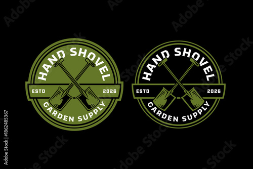 Garden shovel crossed retro badge logo design set for agricultural. Spade tools vintage patch symbol graphic pack for gardener. Digging shovel equipment rustic emblem element bundle for farmer