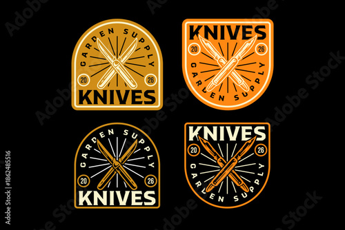 Garden knives crossed retro badge logo design set for agriculture. Pruning knives vintage patch symbol graphic pack for gardening. Cutting blade tools rustic emblem element bundle for horticulture