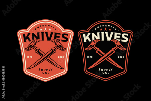 Pruning knives crossed retro badge logo design set for landscaping. Garden cutting blades vintage patch symbol graphic pack for park. Garden blade tools rustic emblem element bundle for gardener