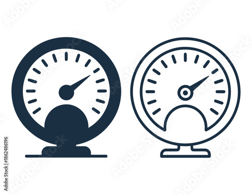 Two Blue Speedometer Icons, Representing Measurement and Performance Levels, Isolated on White Background, Vector Illustration Featuring Dashboard Symbols, Speed Indicators
