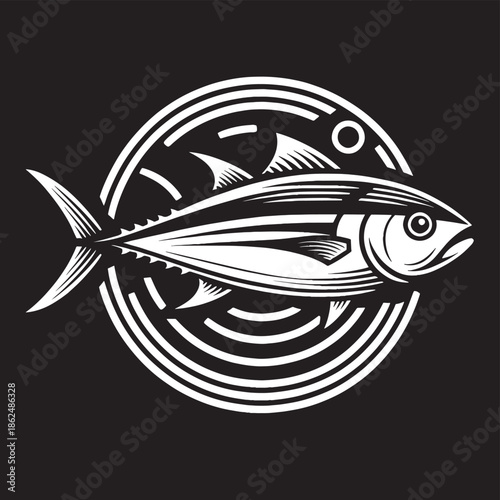 Isolated black fish silhouette vector illustration of a marine animal swimming in the blue sea water, representing a tuna or salmon symbol for seafood and fishing icons on a white background