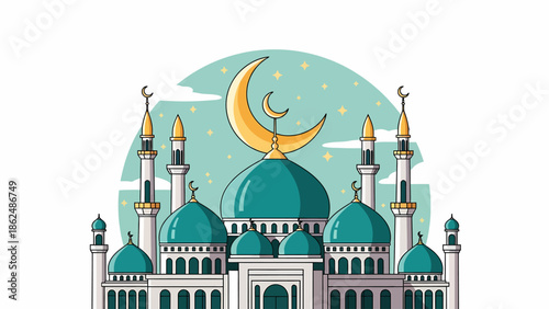 Beautiful cartoon illustration of a mosque with teal domes and minarets, featuring a golden crescent moon and star against a light blue sky.