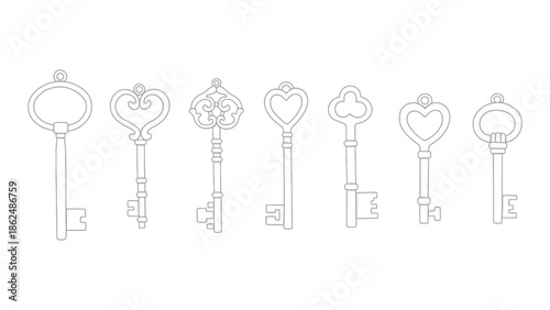A collection of seven antique skeleton keys are displayed in a line against a white background.