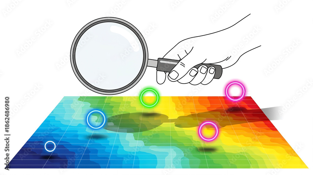 Obraz premium Data Analysis and Research Concept with Hand Holding Magnifying Glass Over Colorful Heat Map Grid