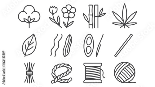 A collection of icons representing natural fibers and textile production.