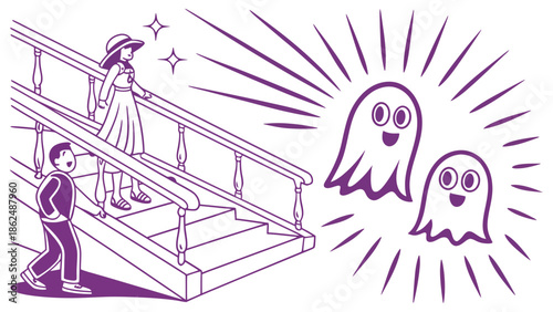 Two cartoon ghosts appear near a staircase with two people.