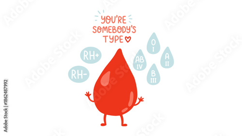 A cartoon blood drop with arms and legs says 'You're somebody's type' with blood types around it.