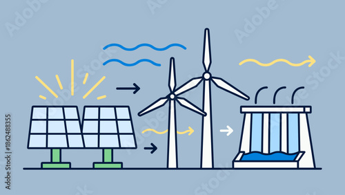 Renewable Energy Generation with Solar Panels, Wind Turbines, and Power Plant
