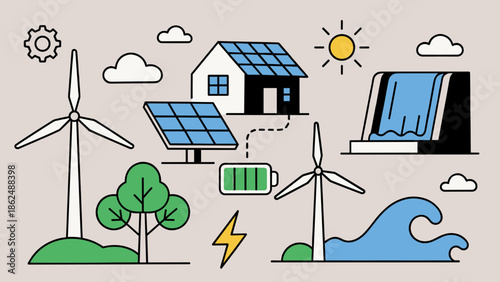 Clean Energy Sources Illustration with Wind, Solar, Hydro Power and Home Battery