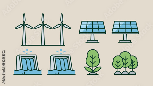 Eco friendly Power Generation and Green Environment Icons Set