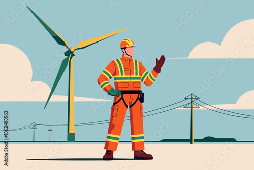 Energy Worker Standing Proudly Before a Wind Turbine and Power Lines