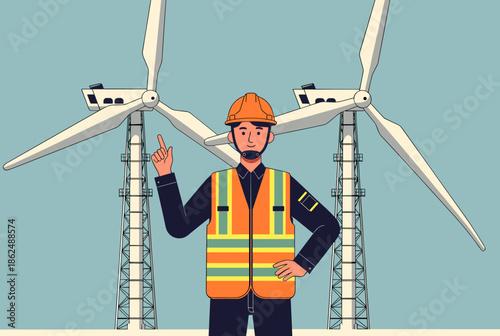 Engineer Pointing at Wind Turbines, Representing Renewable Energy