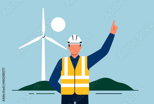 Engineer in Hard Hat and Safety Vest Pointing to Wind Turbine
