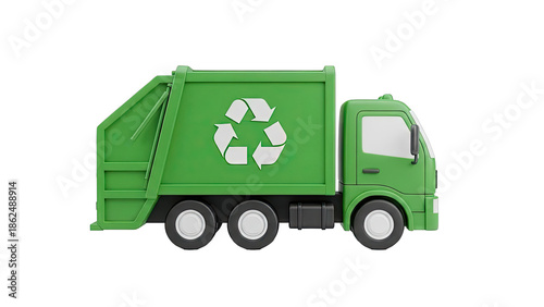 Green recycling garbage truck with recycling symbol