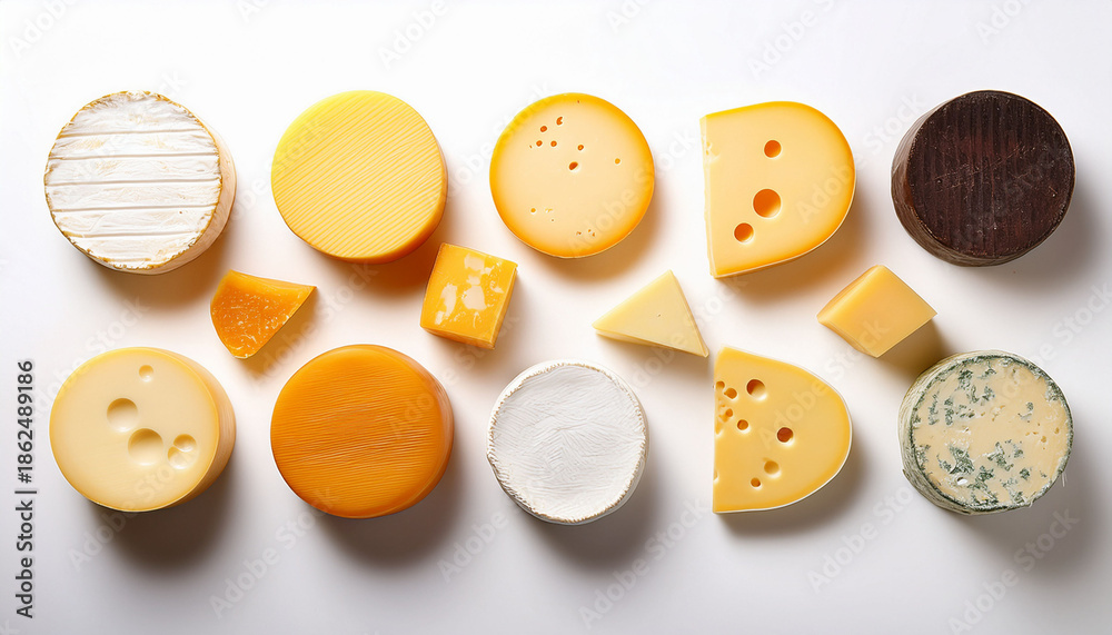Fototapeta premium Various Cheese Slices Arranged On A White Isolated Background