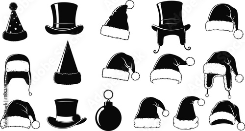 Set of Christmas Santa Hats and Winter Caps Silhouettes for Holiday Decoration and Party Design.