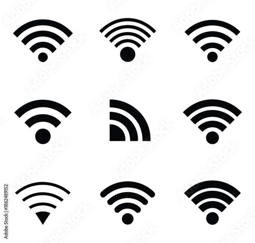  Wi-Fi Signal Icon Set, Isolated, Featuring Wireless Network Symbols, Connectivity Indicators, Internet and Digital Communication Graphics