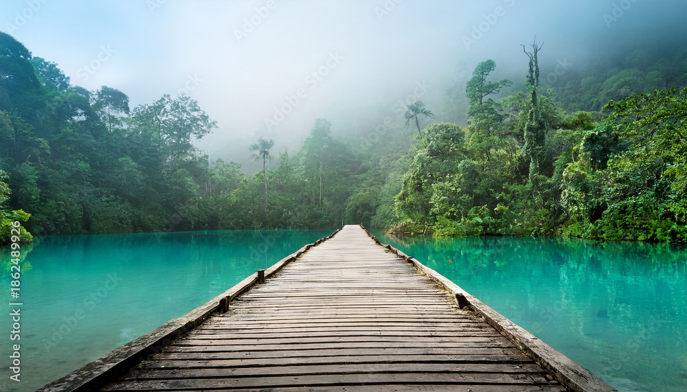 Naklejka premium Serene Wooden Pier Leading Towards A Mystical Turquoise Lake Amidst A Lush Misty Rainforest