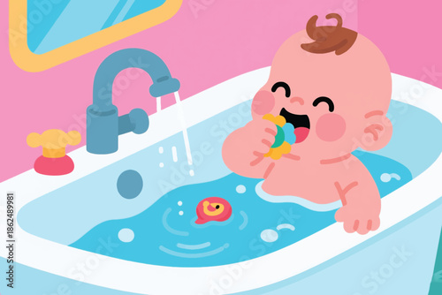 Illustration Of A Baby Soaking In A Bathtub While Holding A Pacifier Vector Design Template