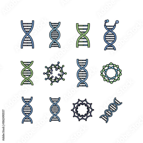 A collection of stylized DNA double helix structures and intricate molecular genetic icons in blue and green.
