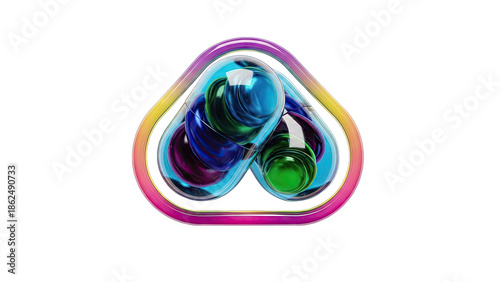 Abstract 3D rendering of swirling glass spheres in a rainbow-colored frame