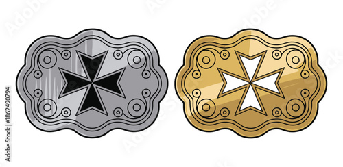 Western Cowboy Badge with Cross and Star, Rodeo Style Belt Buckle, Decorative Floral Frame, Stylized Wild West Emblem, Vector Illustration, Vintage Western Design, Cowboy Hat Icon, Rodeo, Featuring 