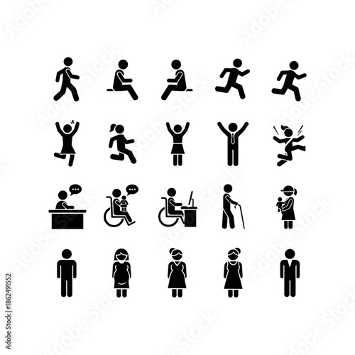 A grid of black silhouette icons showcasing diverse human figures in various poses and situations, including active movements, emotional expressions, profess...