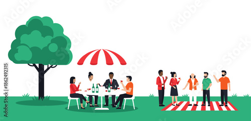 Flat style vector illustration of people enjoying a garden party with a picnic under a tree and umbrella