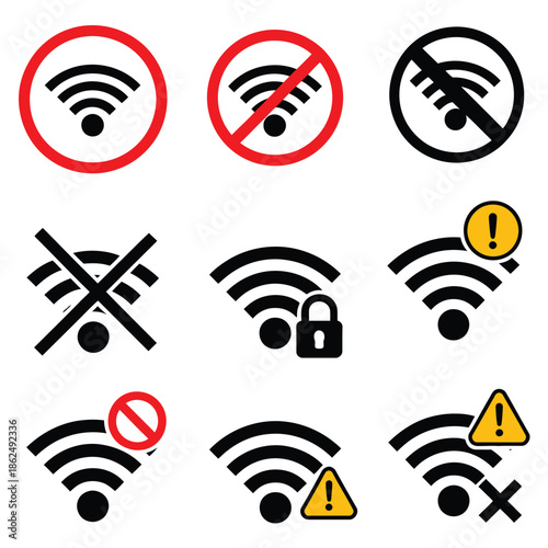 WiFi Icon Set, Including Different Wireless Internet Signal Levels, Network Connection Strength Symbols, Vector Illustration