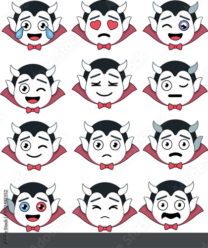 Cute cartoon vampire emoji set with various expressions including crying, in love, winking, happy, sad, surprised, angry, confused