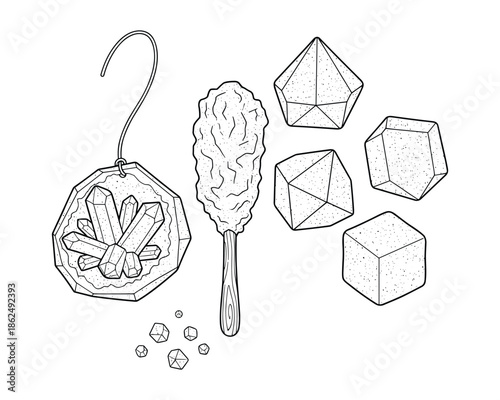 Crystals and minerals collection featuring geode pendant rock candy and geometric gemstone outlines