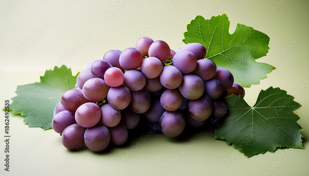 Fototapeta premium Ripe Bunch Of Grapes With Green Leaves Displayed Against A Plain Background