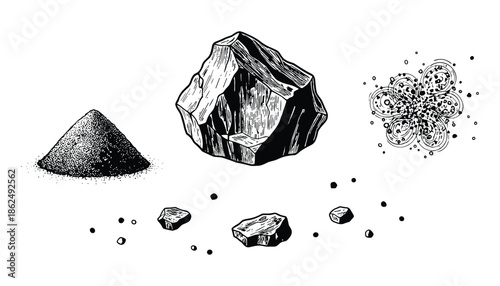 Hand drawn coal and coal powder in doodle style vector illustration isolated on background