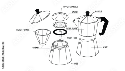 Moka pot components vector outline drawing illustration for espresso coffee maker parts