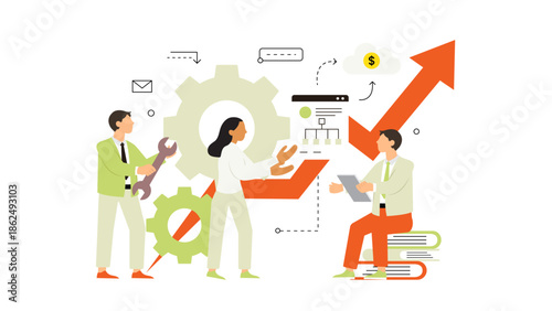 A flat vector illustration depicting a professional team collaborating to manage large gears, symbolizing operational efficiency, process management, and corporate growth.
