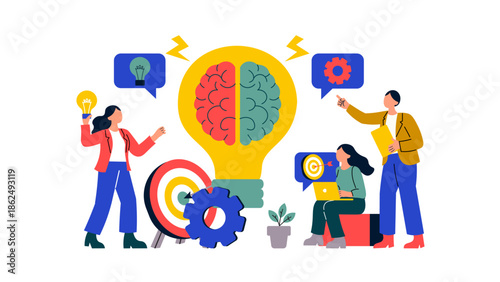 A visual representation of creative ideas and problem-solving featuring a human brain inside a giant lightbulb, surrounded by a team developing innovative strategies