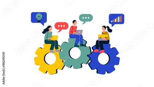 Professionals sitting on large interconnected gears while using laptops and communicating via chat bubbles, symbolizing digital synergy and remote work