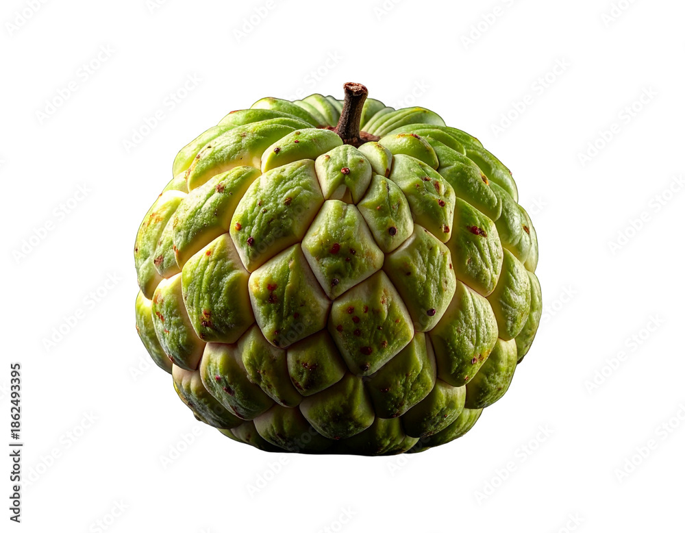 Fototapeta premium Exotic fruit, textured and green, against a stark black background