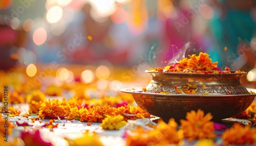 Generated imageKumari Puja, close-up of flower garland and vermilion plate, blurred festive crowd background. High quality