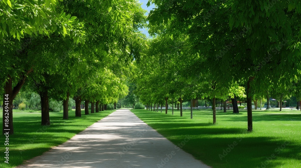 Fototapeta premium Serene Tree-Lined Pathway Surrounded by Lush Green Foliage on a Bright Sunny Day in a Beautiful Natural Landscape