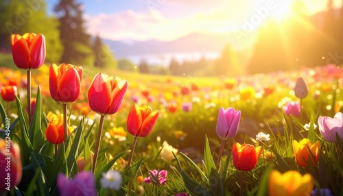 Generated imageSpring and easter background with tulips in sunny meadow.