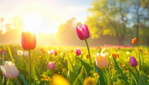 Generated imageSpring and easter background with tulips in sunny meadow.