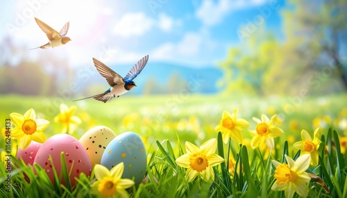 Generated imageSpring And Easter Banner - Daffodils In The Fresh Lawn With Fly of Swallow